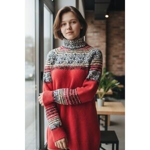 Moth Anthropologie Red Fair Isle Mock Neck Sweater XS Nordic Boho